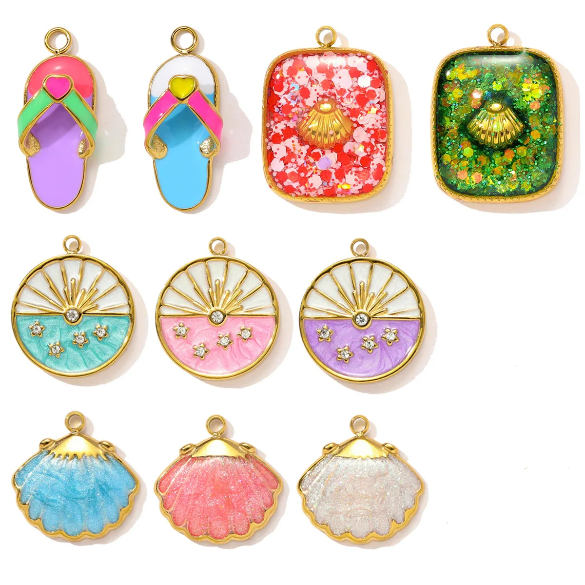 

3pcs/Lot Stainless Steel Enamel Slipper Sun Star Pendants Shell Charms for DIY Jewelry Making Necklace Earring Accessory