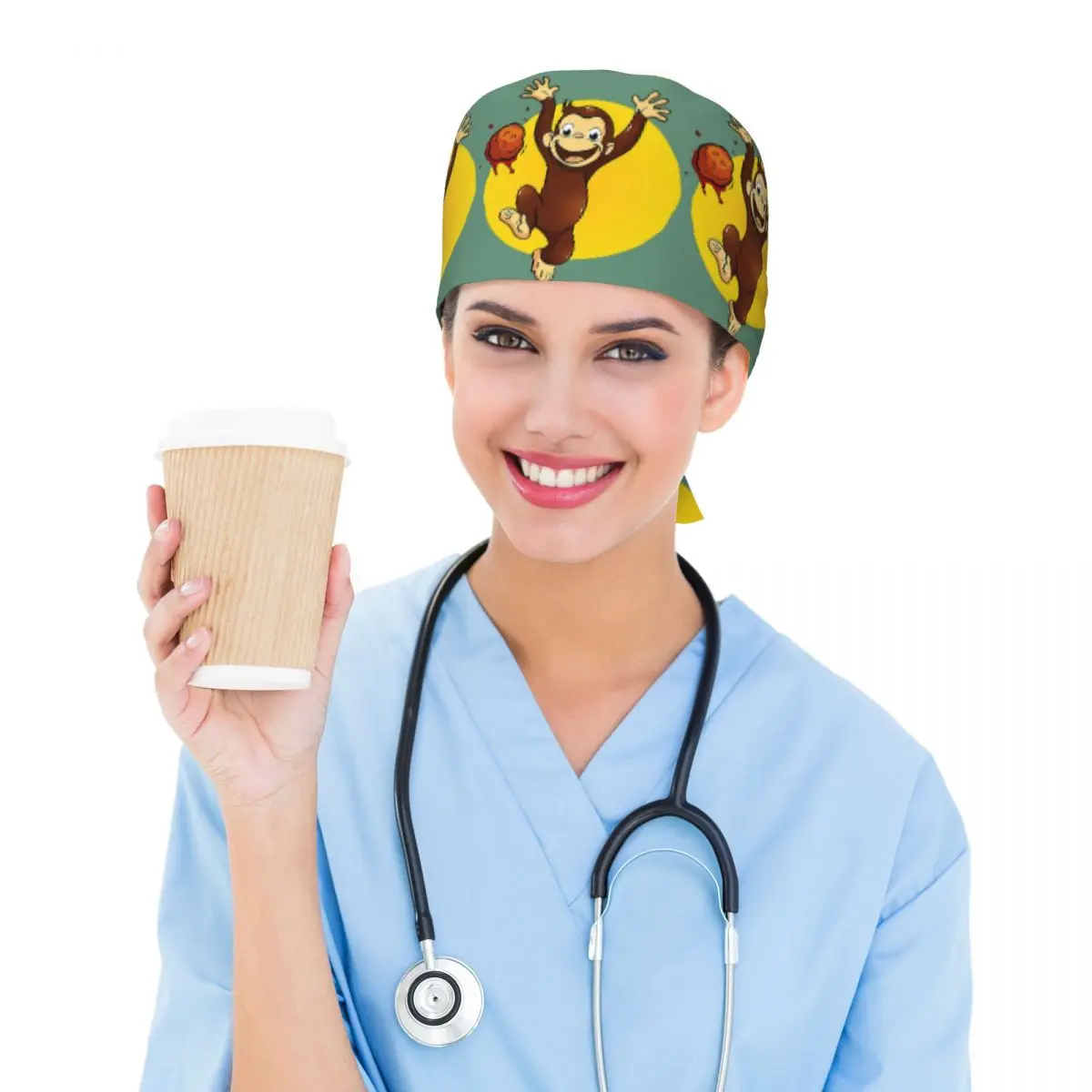 Curious George Monkey Happynes Scrub Hat Doctor Working Surgical Cap Men Women Adjustable Nursing Caps for Dentist