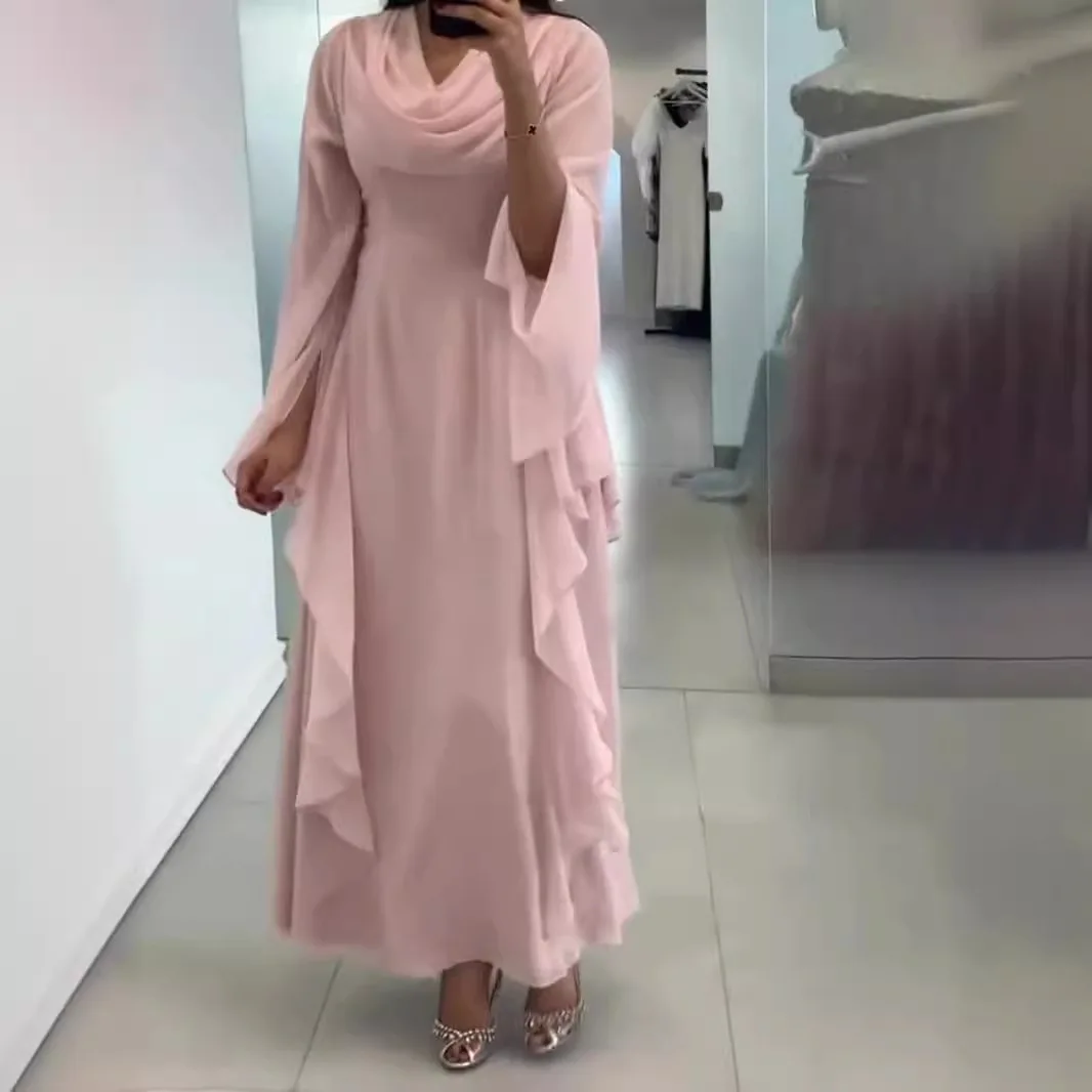 

Eid Abaya Dress Women Dubai Khimar Jilbab Kebaya Kaftan Robe Musulmane Femme Cowl Neck Dresses with Ruffled Ramadan Islam 2026