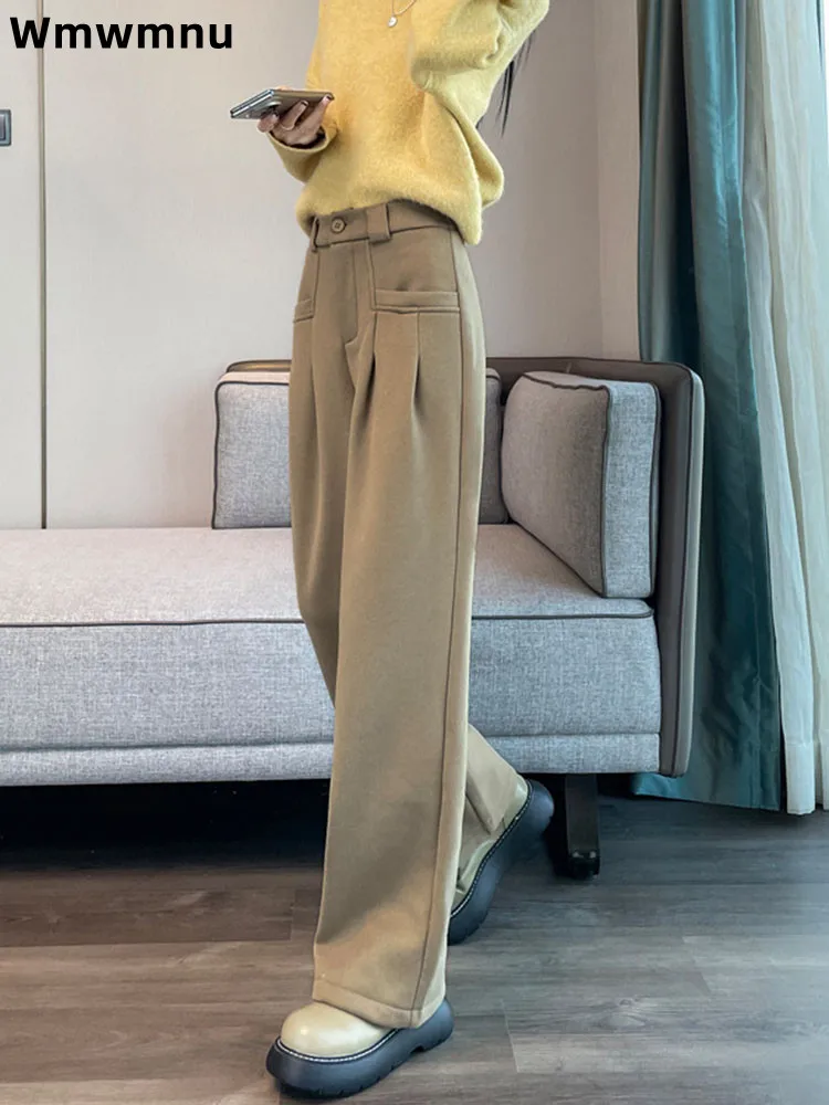 

Шерстяные брюки с высокой талией, утолщенные женские повседневные прямые брюки, эластичные корейские модные свободные широкие брюки