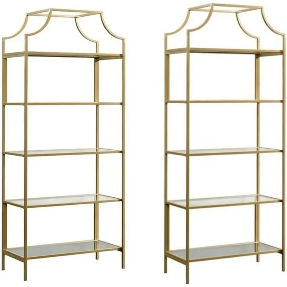 2 Piece 5 Shelf Metal Framed Bookcase Set in Satin Gold