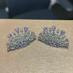 Bilincolor Cute Purple and Green Zircon Sector Geometric Earring for Women