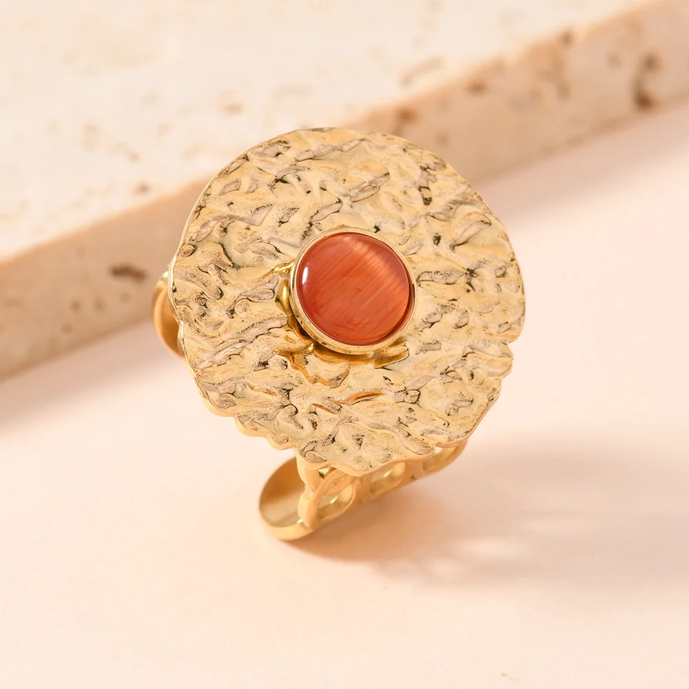 1PCS Hot Selling Stainless Steel Jewelry Hydraulic Pressure Circular Brand Amber Natural Stone Plated With 18k Gold Open Ring