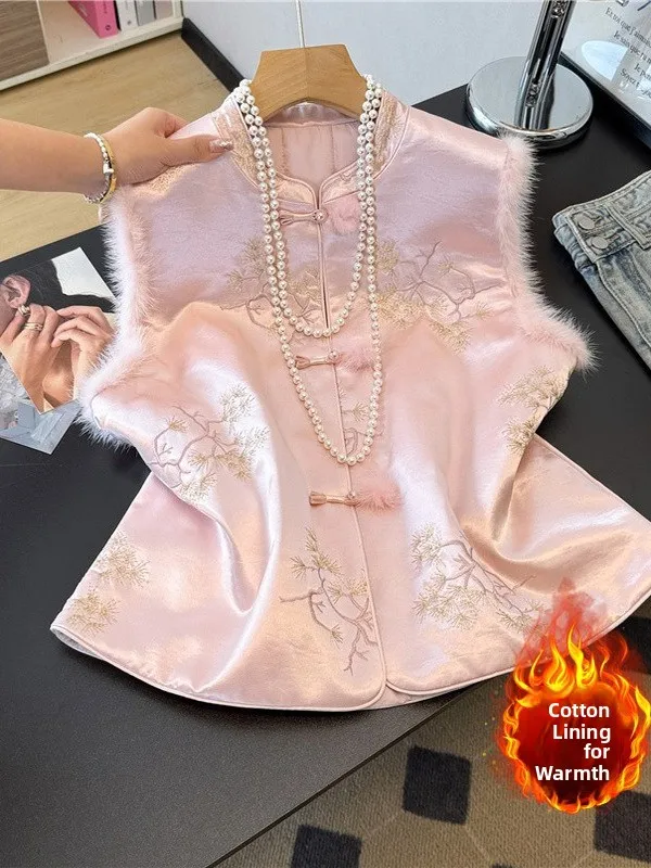 Nouveau chinois Sle brodé fourrure de vison Patchwork gilet rond Ne Svel coton doublé chaud épaulette haut pour femme