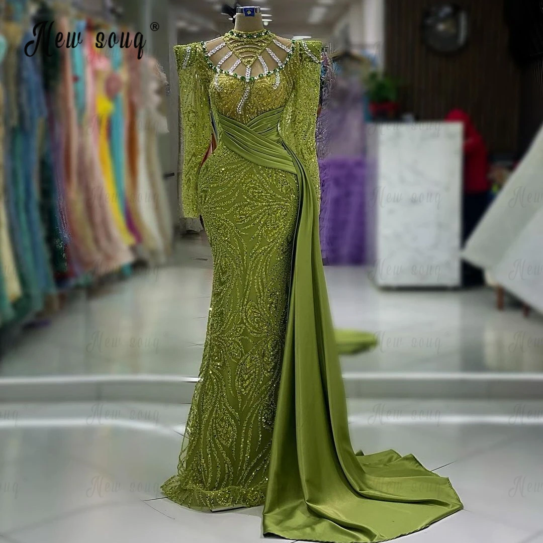 Vestido de noche musulmán de talla grande, manga larga, verde, Formal, para fiesta de graduación, boda árabe, evento, hecho a medida, Formal