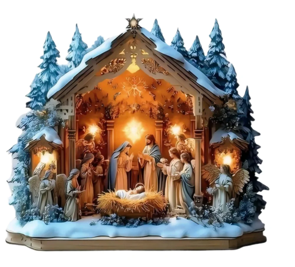 Decoración de manjedor navideño; arreglo de escenas religiosas navideñas; decoración navideña iluminada en la nieve.