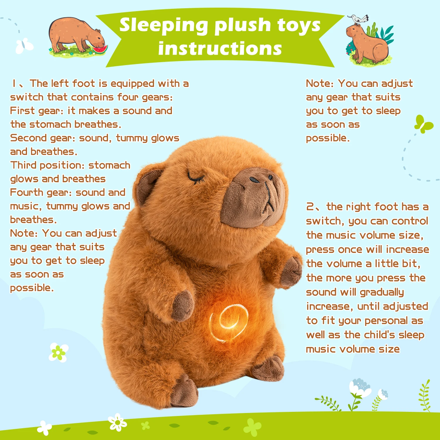 การหายใจตุ๊กตาสัตว์ Capybara Plush สําหรับความวิตกกังวลผู้ใหญ่นอนด้วยการหายใจที่สมจริง Motion ไฟเพลงของขวัญวันเกิด
