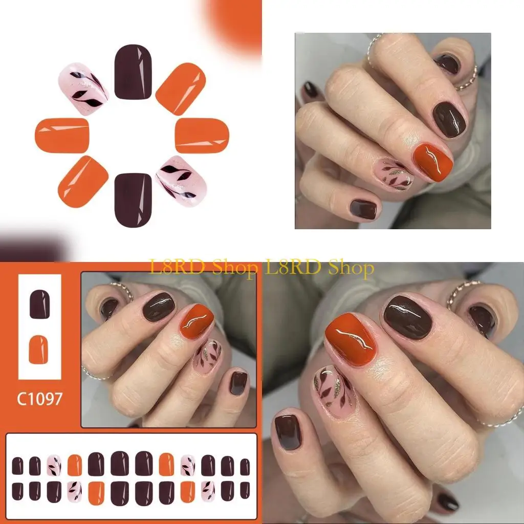 

L8RD осенние листья блестят поддельные прессы для ногтей на пластиковом дизайне ногтей темно-оранжевого тона, удобная посадка