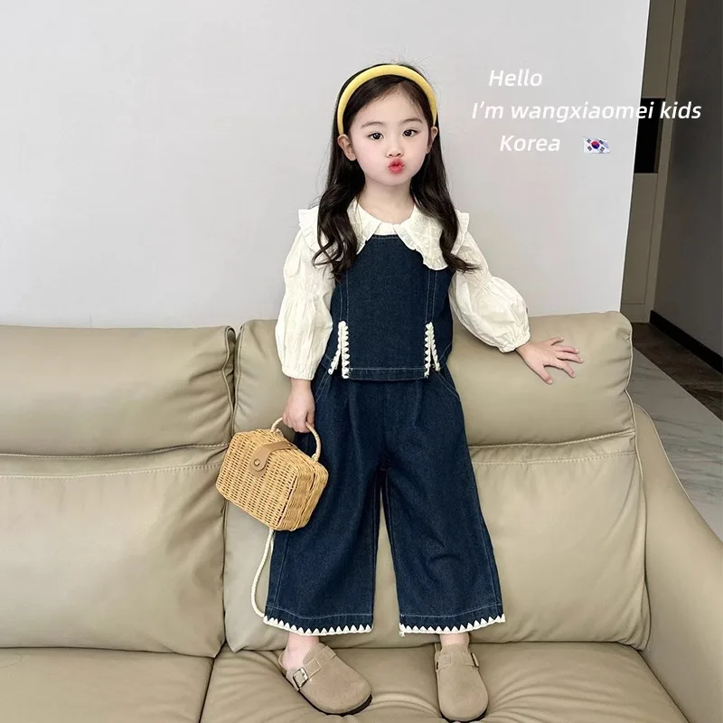 Trendy Three-piece Denim Princess Stylish Shirt Denim Wide-leg Pants Vest Set Kids Fashionable Three-piece Set Sweet and Cute