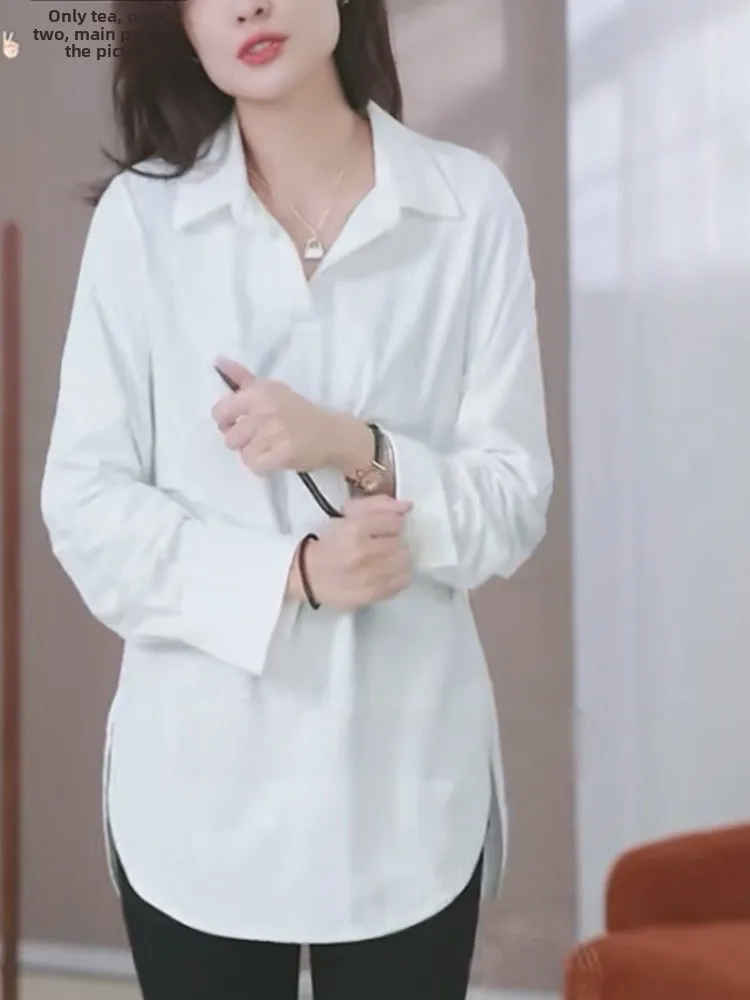 Top da donna in chiffon con colletto elegante, ampio, versatile, colore lungo, alla moda, casual, per donna