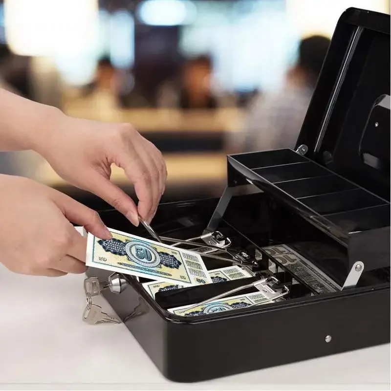 Money Box For Cash Saving Locking Cash Box With Money Tray Metal Money Saving Organizer 4 Bill/5 Coin Slots Cash Register Drawer