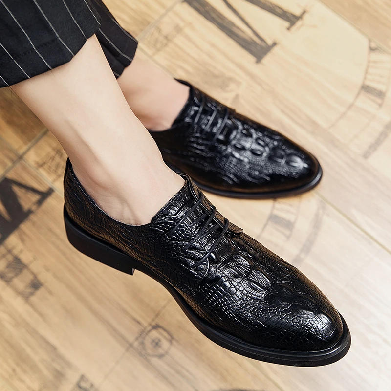 

Luxury Brand Crocodile Pattern Leather Shoes Men's Business Pointy Black Shoes Formal Wedding Dress Shoes Men Fashion Shoes New