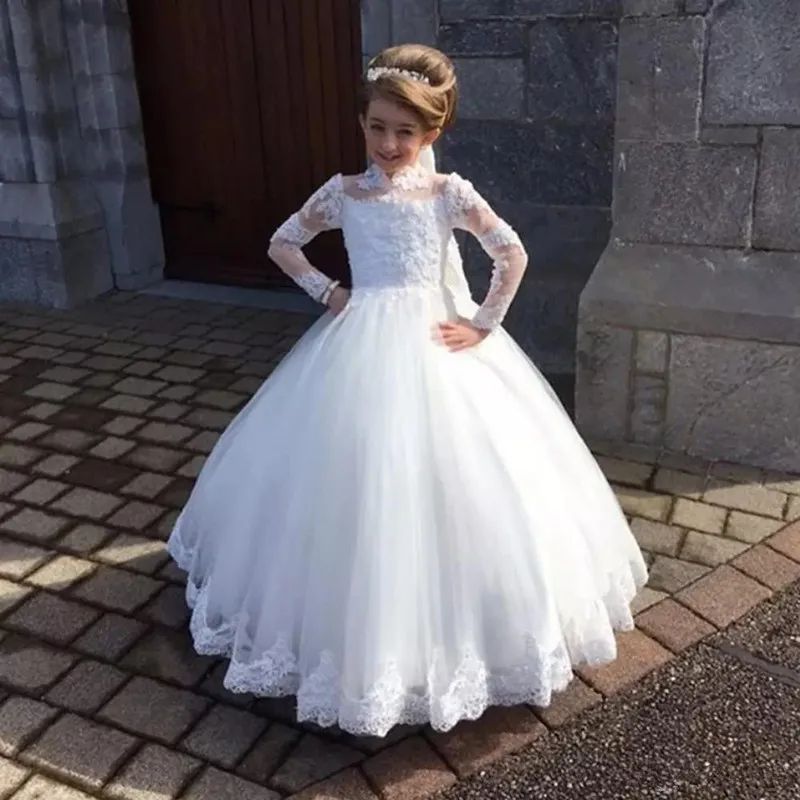 Vestido elegante de flores blancas para niñas, vestidos de bautismo de cuello alto, apliques de manga larga de tul, vestido de comunión para niños