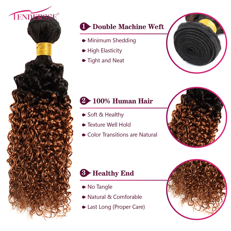 Encaracolado Pacotes com Fechamento de Renda, 100% Cabelo Humano, Kinky Remy, Malásia, Ombre, Brown, Malásia, 3 Pacotes