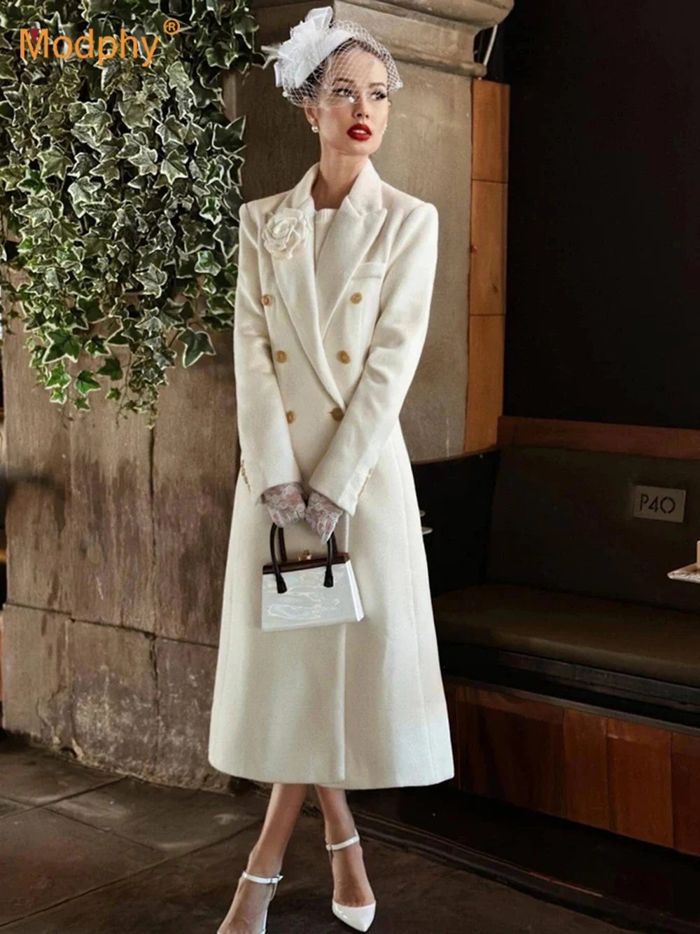 Modphy Female Overcoat 2024 New Fashion Lapel Women Woolen Coat Winter Ivory Temperament Women Woolen Coat Overcoat