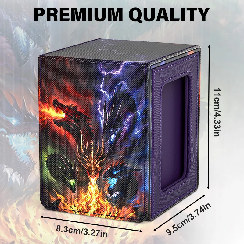 Card Deck Box for Dragon Pattern Print Cards with Display Window, Hold 100+ Double-Sleeved Cards, PU Leather, Fits CCG/TCG Cards