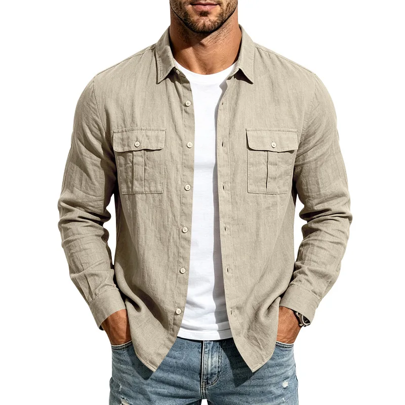 New Men Casual Linen Long Sleeve Shirts Double Chest Pockets Lapel Button‑Up Shirts Loose Lightweight Breathable Outdoor Work