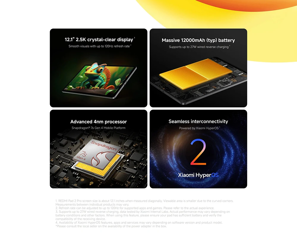 Global Version Xiaomi Redmi Pad 2 Pro Wifi 12.1' 2.5K Crystal-Clear Display 120Hz Refresh Rate 12000mAh Battery Advanced 4nm Processor Snapdragon® 7s Gen 4 Mobile Platform Powered by Xiaomi HyperOS Dolby Vision