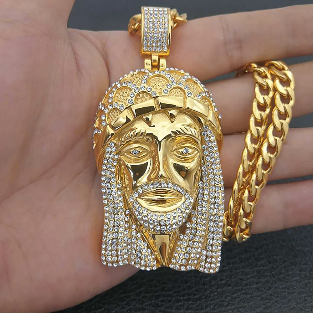 Hip Hop Iced Out Big Jesus Head Pendant Necklaces Male Gold Color Stainless Steel Christian Necklace For Men Jewelry Gift