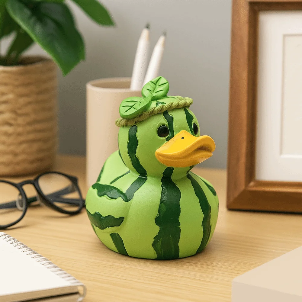 

Cartoon Watermelon Duck Statue Decorative Funny Dragon Fruit Duck Figurine Mini Resin Duck Ornament Desktop Display