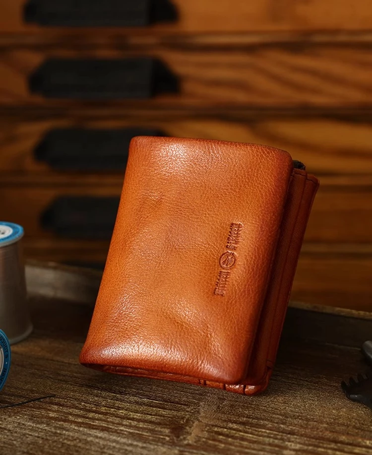 Handmade first-layer cowhide wallet short style genuine leather handmade anti-theft card holder and billfold