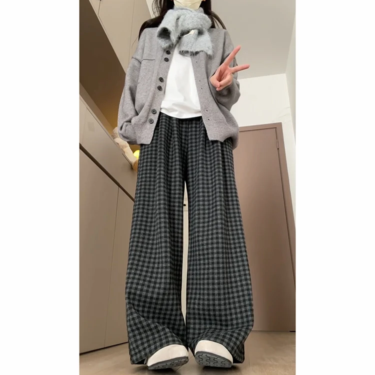 Retro Plaid Casual Pants Women's High Waist Straight Leg Loose Fit Lazy Sle Autumn Winter New Arrival Slimming Effect