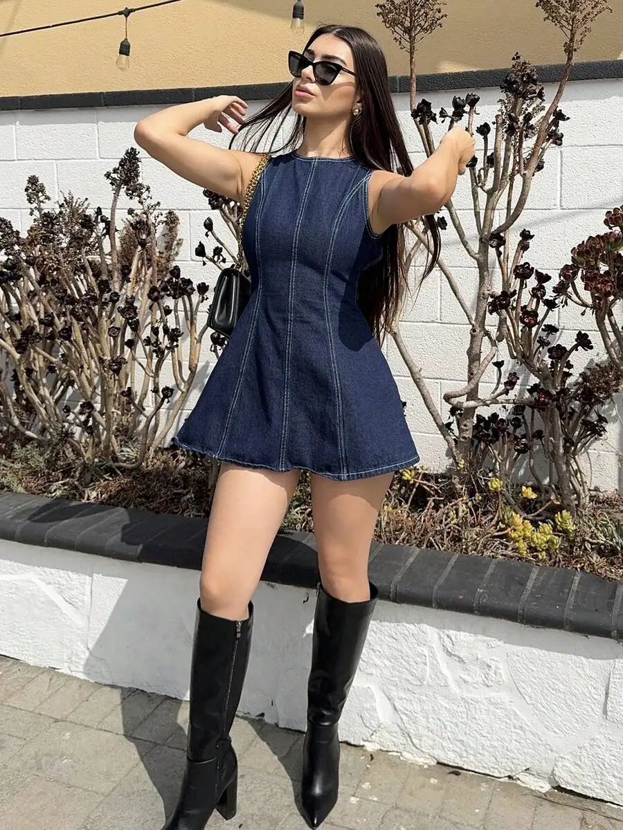

Womens Sleeveless Backless Denim Mini Dress Casual Fashion