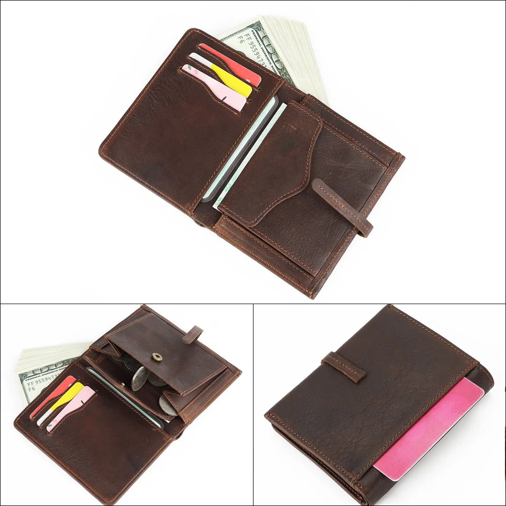 Korte verticale leren herenportemonnee |   Vintage echte koeienhuid Billfold |   Casual geldclip voor muntzakken
