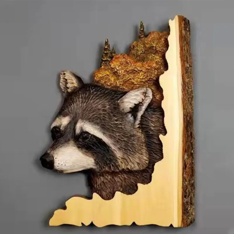New Animal Carving Wood Handcraft Wall Hanging Living Room Decoration Home Accessories Sculpture Raccoon Bear Deer Hand Painted