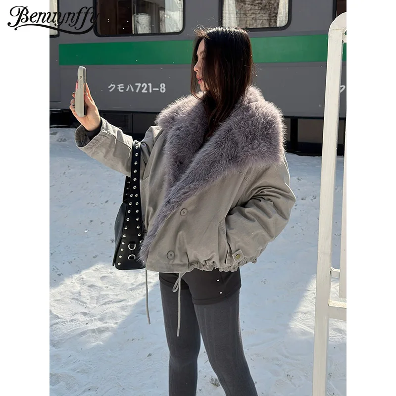 

Benuynffy, повседневная утепленная короткая куртка для женщин, осень-зима 2021, новые парки с воротником из искусственного меха, свободные пальто, уличная верхняя одежда