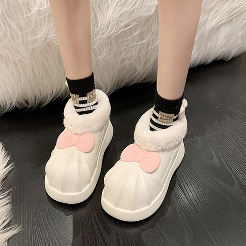 Autumn And Winter Women's Waterproof Rain Boots With Cotton To Keep Warm And Cute Cartoon Bow Ultra-light Waterproof Rain Boots