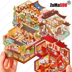 1/4Pc Cartoon Chinatown 3D Sticker DIY Playable Sticker Pocket Cabin Scene Stacking Pasting Festival Birthday Gift for Kid Child