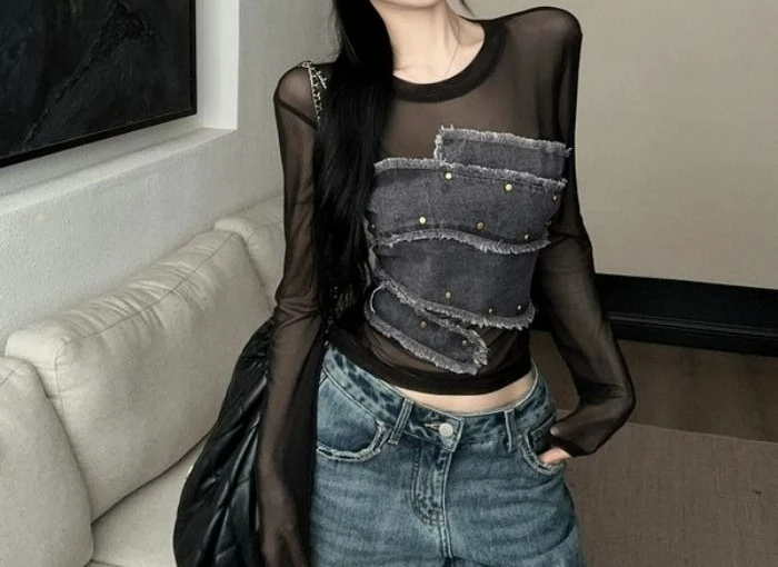 

2026 Autumn and Winter New Slim-fit Characteristic Design Sense Denim Willow Nail Splicing Mesh Versatile T-shirt