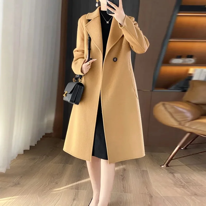 2025 New Winter Green Woolen Coat Lapel Long Sleeves Double Breasted Loose Overcoat With Belt Office Lady Fashion