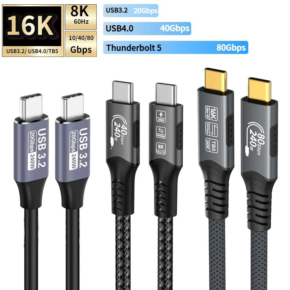 16K-USB-C-Kabel, 80 Gbit/s, Datenübertragung, 8K bei 60 Hz, PD240 W, schnelles Aufladen für Thunderbolt 5/4/3 USB4-Telefon, Tablet, Laptop, voll ausgestattet – Detail 1