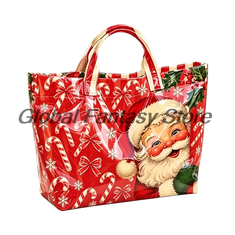 Candy Cane Print Christmas Tote Bag Large Waterproof PVC Handbag Holiday Gift Shopping Bags Women Casual Shoulder Bag