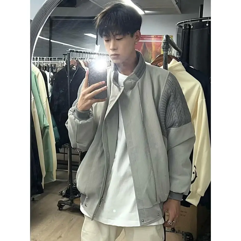 

Vintage American Baseball Jaet Men's Spring Autumn Pilot Coat Loose Fit Anti-Wrinkle Zipper Decorated Pure Color Jaet