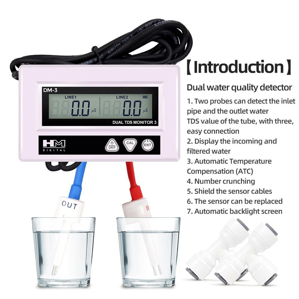 HM Digital Online Water Quality Tester LCD Display TDS Meter Dual Channel PPM Detection Inlet Outlet Test for Pool Laboratory