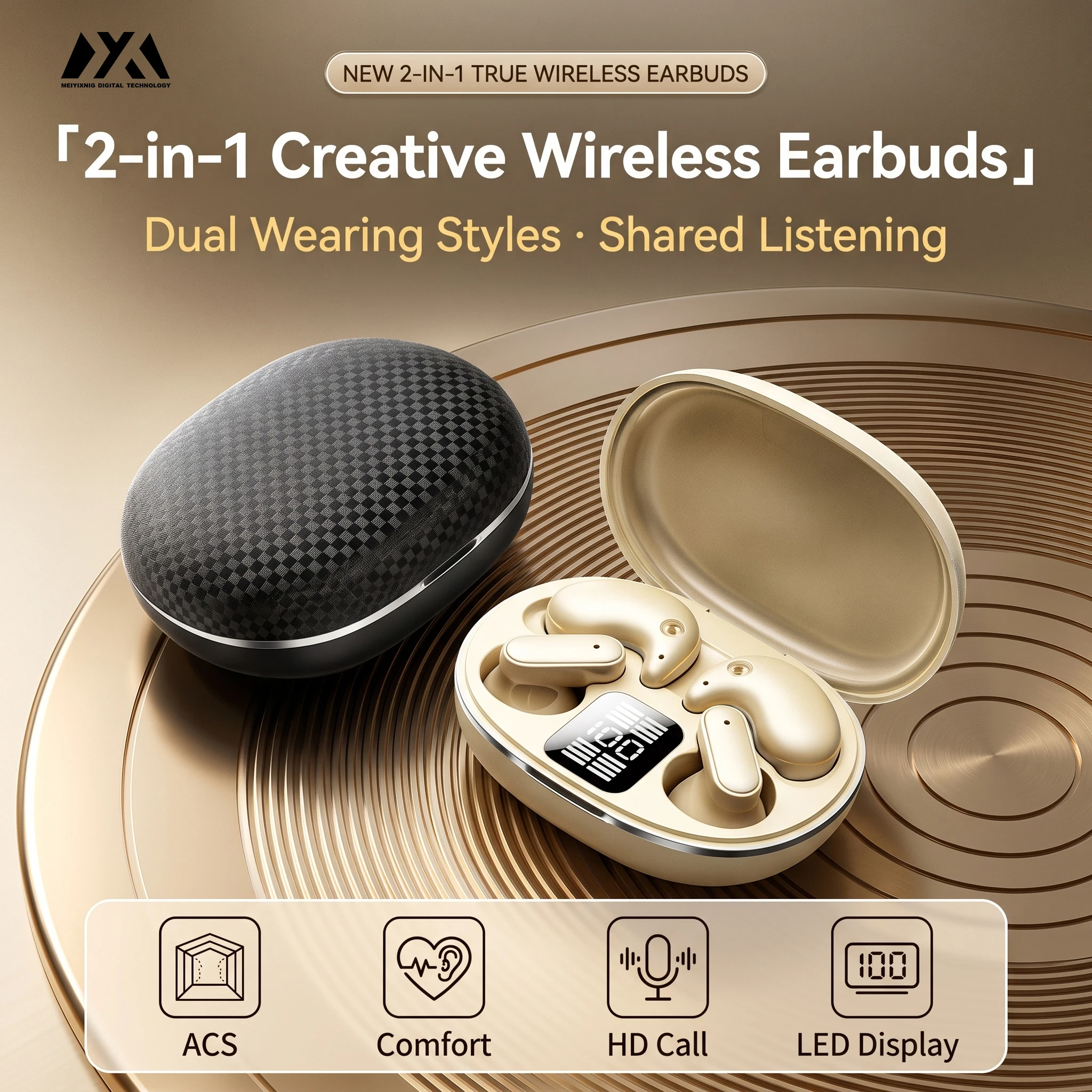 KK0 2-in-1 Creative Wireless Earbuds Dual Wearing Styles LED Power Display ACS Audio Bluetooth Earphones