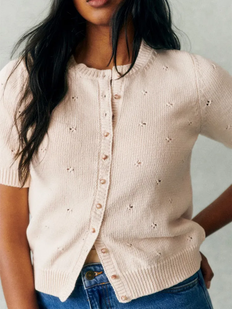 

Женский вязаный кардиган с короткими рукавами, однобортный свитер с круглым вырезом, весна-лето 202, весна-лето