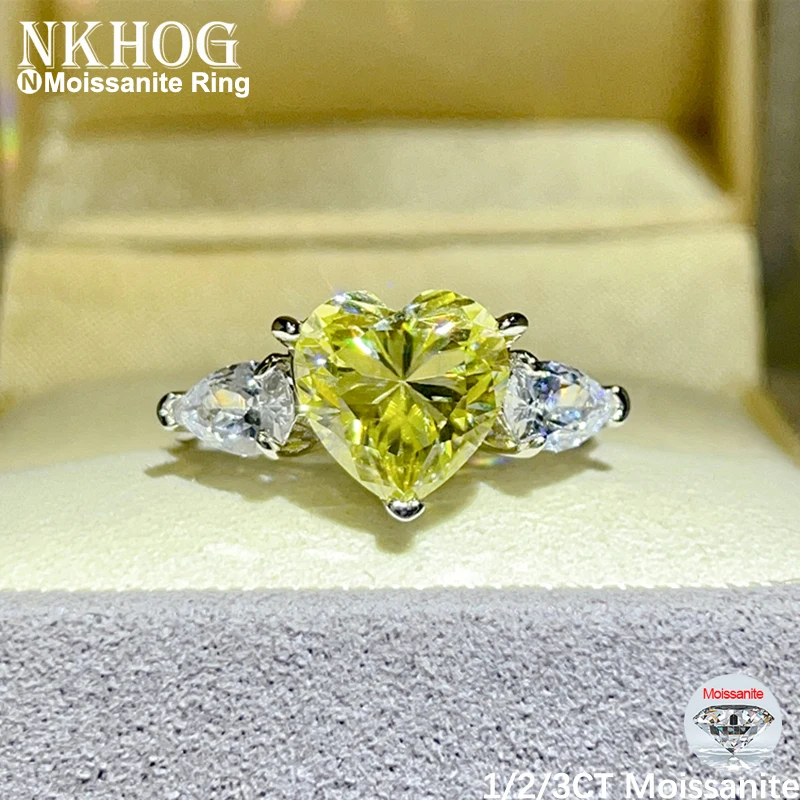 

NKHOG 1/2/3Carat Heart Cut Moissanite Ring 925 Sterling Silver Sparkling Yellow Diamond For Women Wedding Band Gifts Jewelry GRA