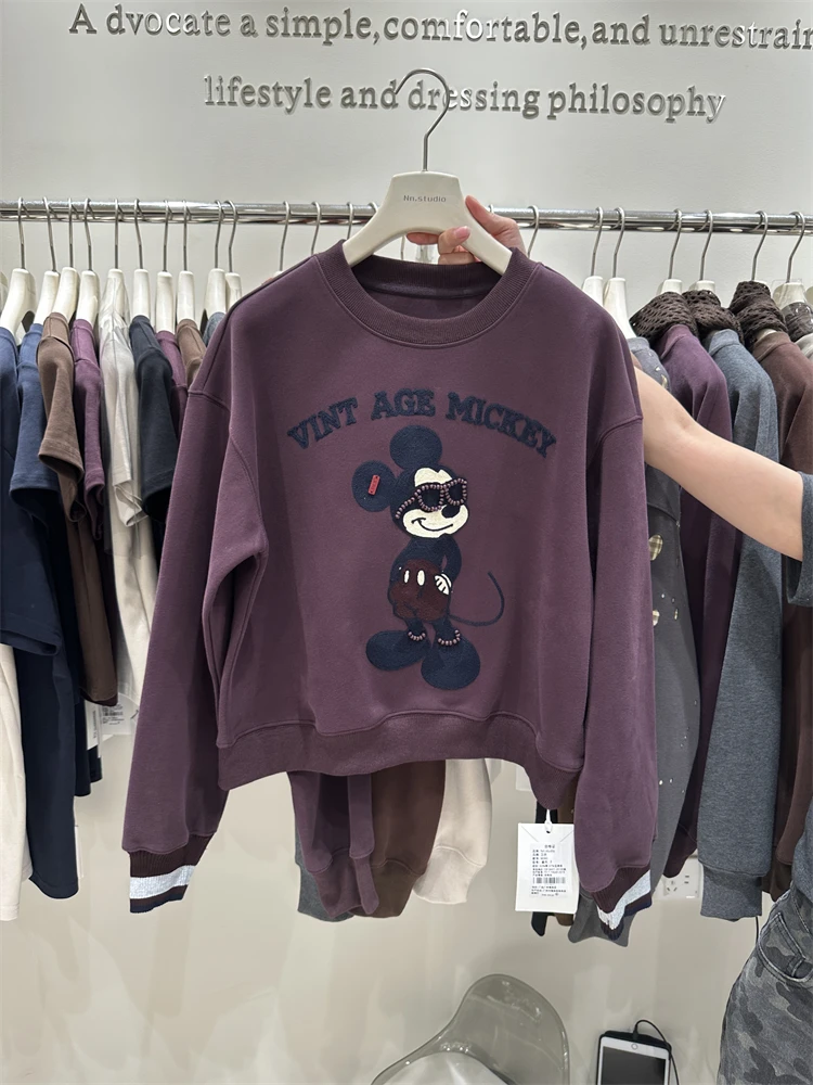 2025 Autumn Winter New Women's Short Loose Jacket Hoodies Heavy Embroidery Glasses Cartoon Pullover Crew Neck Sweatshirt Coat