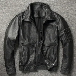 100% Cowhide Genuine Leather Coat  for Men style of  Moto & Biker Vintage  Slim  Male Natural Fashion lapel Leather Jacket