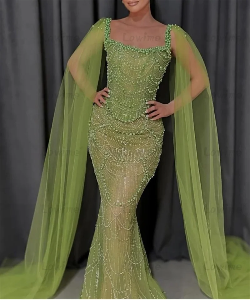 Elegant Green Beaded Pearls Evening Dresses Women Cape Sleeves Mermaid Prom Dress 2024 Long Arabic Wedding Party Dress Gowns