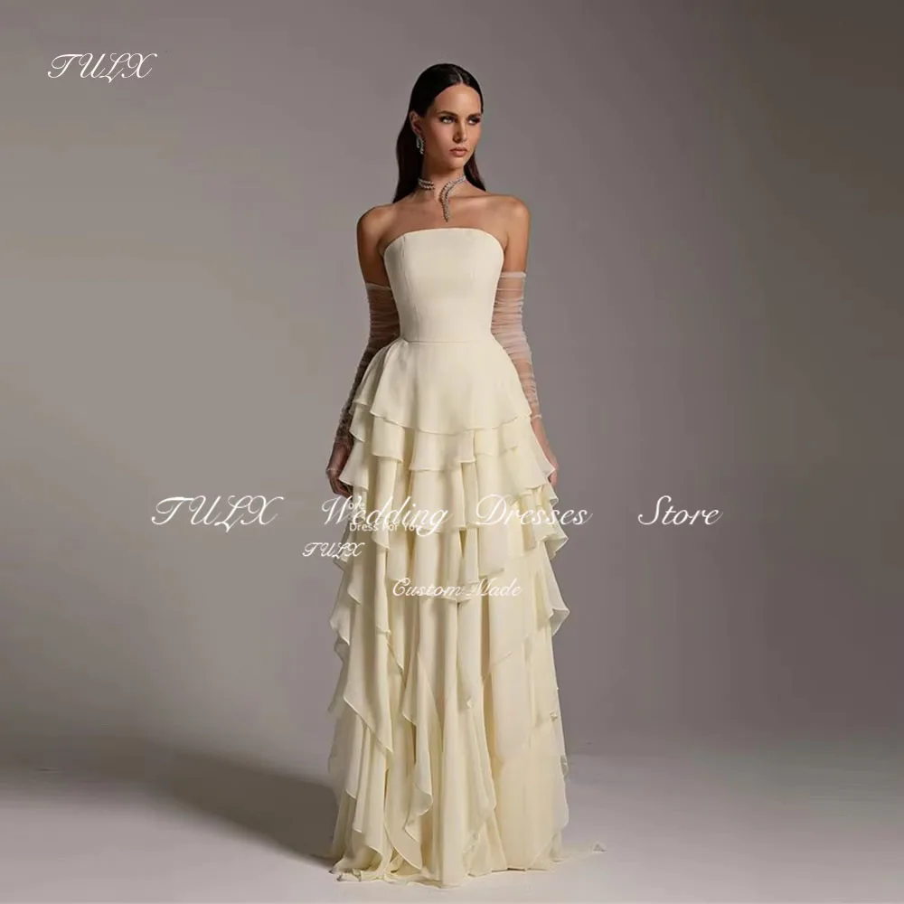 

TULX Yellow Chiffon Long Evening Dresses Saudi Arabric Strapless Party Dress Formal Floor Length Tiered Prom Gown Customized