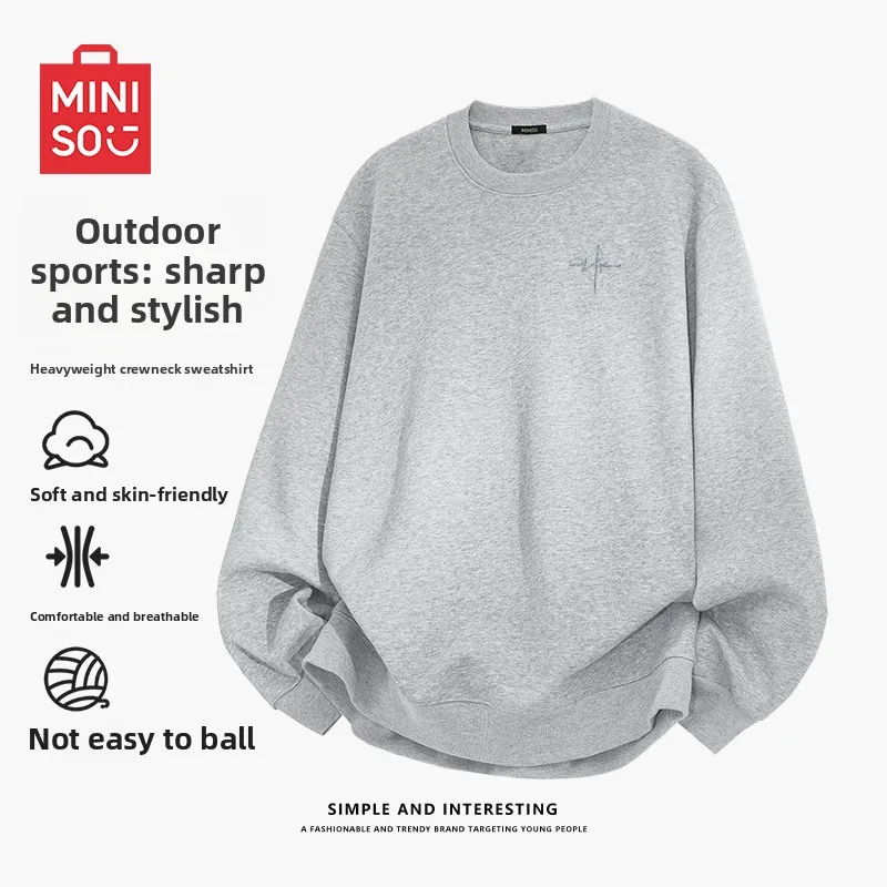 

Miniso Grey Men's Crewneck Sweatshirt, American Heavyweight Pullover, Teens Casual Sportswear