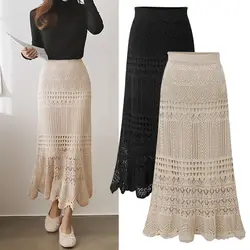 Fashion Classic Summer Women's Hollowed Out Skirt Lace Knit Mid Length High Waisted Office All-match Fishtail Wrap Hip Skirt