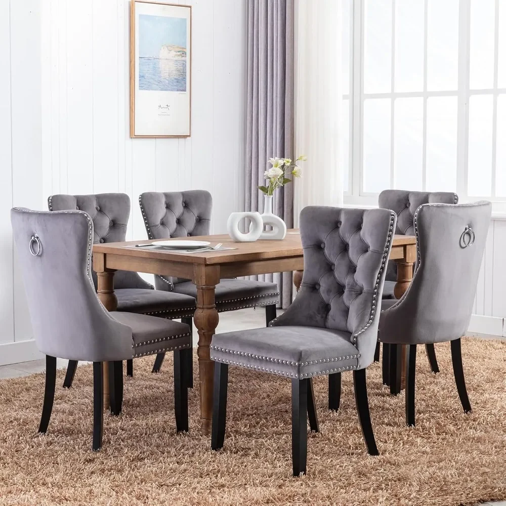 Dining Chairs Set of 6,Upholstered Dining Chairs with Ring Pull Trim and Button Back,Modern Seating for Kitchen, Bedroom