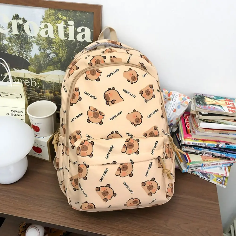 Sac à dos portable de grande capacité Capybara, sac initié à fermeture éclair de style coréen, sac d'école de dessin animé animal imprimé, étudiant