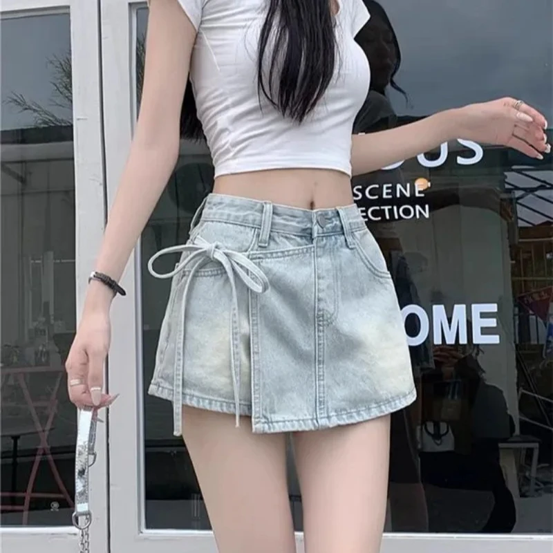 2025 jean shorts feminino verão irregular rendas falso duas peças casual cintura alta estilo coreano quente doce demin streerwear